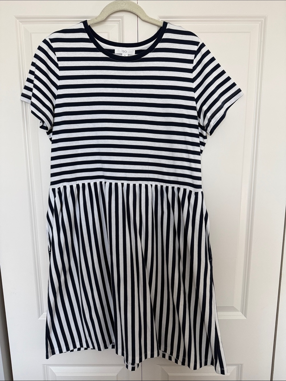 1901 NWOT Navy and White Striped Short Sleeve Fit and Flare T-Shirt Dress